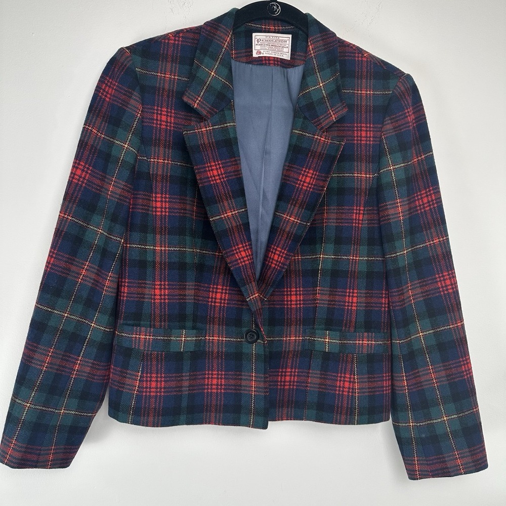 Vintage Pendleton Women's Blazer Size 10 Petite Black Watch Plaid Wool‎ Holiday